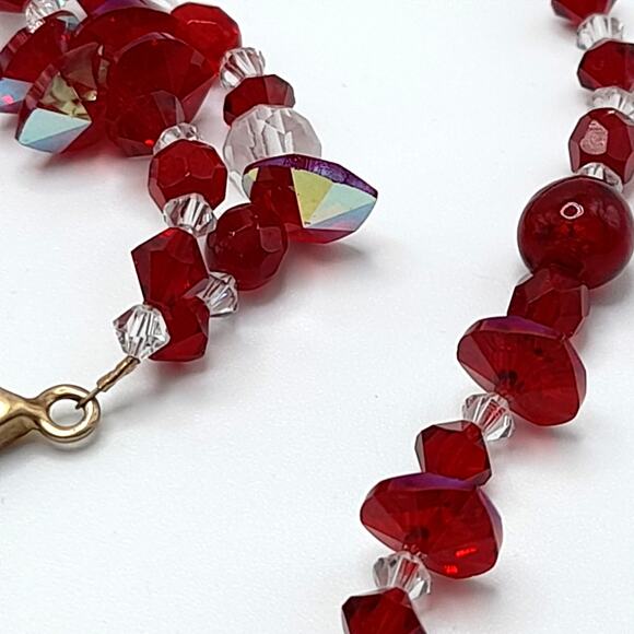 Vintage Red Clear Crystal Necklace Bracelet Set, Artisan Gemstone Clasps - Picture 6 of 9
